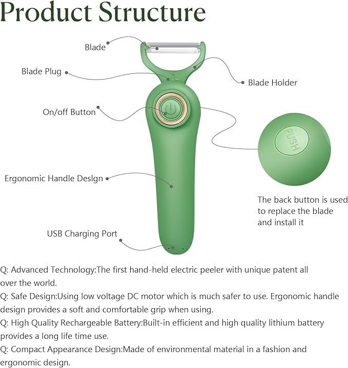 3-in-1 Electric Peeler | Auto Blade for Fruits/Vegetables | 3 Interchangeable Blades | Type-C Charging,Battery Capacity 1500 mAh | Kitchen, Travel, Camping