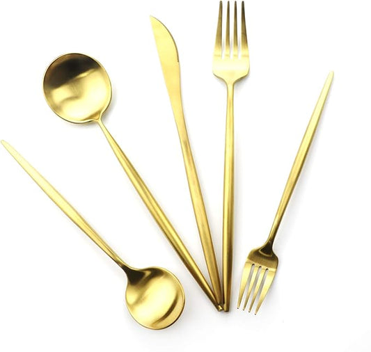 Gugrida 20 Pieces Matte Gold Handle 18/10 Stainless Steel Silverware Set, Flatware Titanium Black Cutlery, Utensils for Home Restaurant Service for 4, Dishwasher Safe (Full Gold)