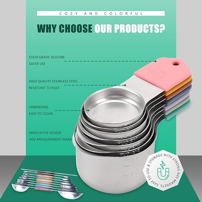 Magnetic Measuring Cups and Spoons Set 23-Piece, 304 Stainless Steel Dual Scale Measurements (US + Metric), Dishwasher Safe with Leveler for Baking & Cooking - Ergonomic Design, Mixed Colors