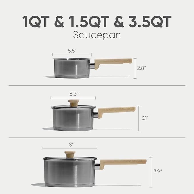 CAROTE 1QT&1.5QT & 3.5QT Sainless Steel Saucepan with Lids and 1QT Saucepan without Lid Pot Set,3-ply Base, Non-Toxic, Induction Cookware Set, Small Kitchen Pots, Tempered Glass Lids