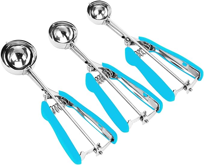 Cookie Scoop Set, 3Pcs Ice Cream Scoop, Cookie Scoops for Baking Set of 3, 18/8 Stainless Steel Cookie Scooper for Baking, Ice Cream Scooper with Trigger Release, Blue Soft Grip Cookie Dough Scoop