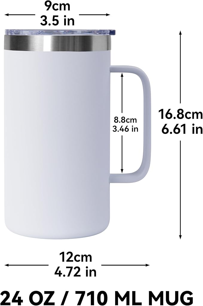 DOMICARE 24oz Mug with Handle and Lid, Stainless Steel Coffee Mug, Travel Mug with Handle, Double Wall Vacuum Coffee Tumbler, Reusable Insulated Cup, White, Pack 8