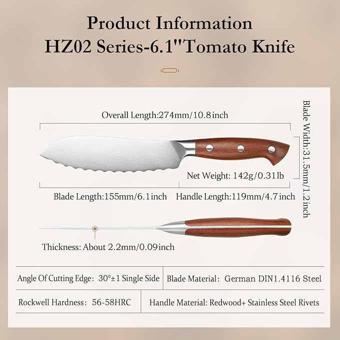 HEZHEN 6.1 inch Tomato Slicing Knife – Germany 1.4116 Stainless Steel Serrated Blade,with Full Tang Handle