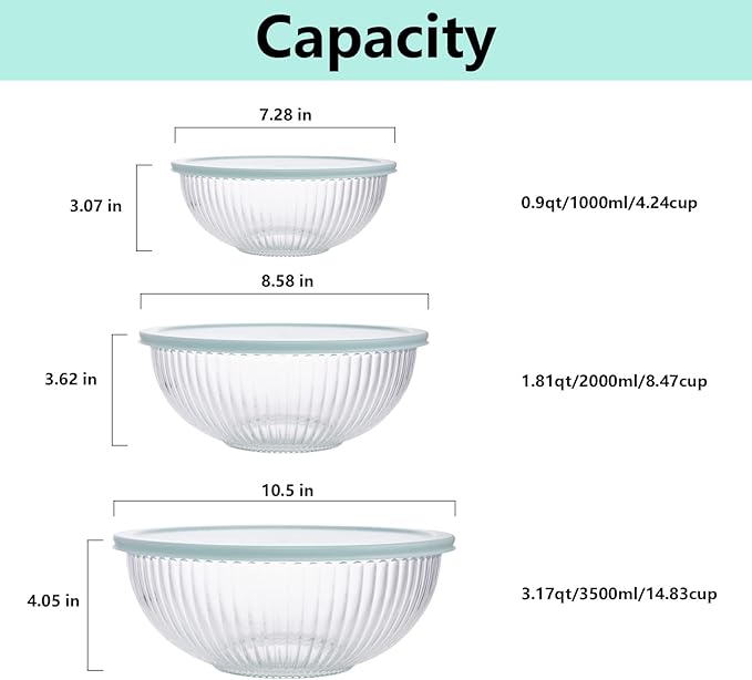 WhiteRhino Glass Mixing Bowls with Lids Set of 3(3.7QT, 2.1QT, 1.1QT),Large Kitchen Salad Bowls, Space-Saving Nesting Bowls, Clear Glass Serving Bowls for Cooking,Baking,Prepping,Dishwasher Safe