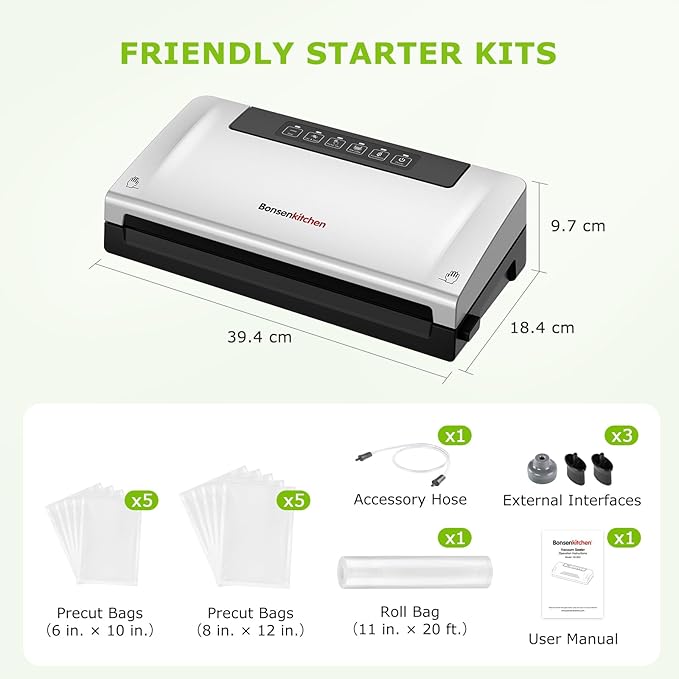 Bonsenkitchen Food Vacuum Sealer Machine with External Vac Function, Built-in Cutter & Bag Storage, 5 Modes for Various Food Types, Includes 10 Bags & 1 Roll (Silver)