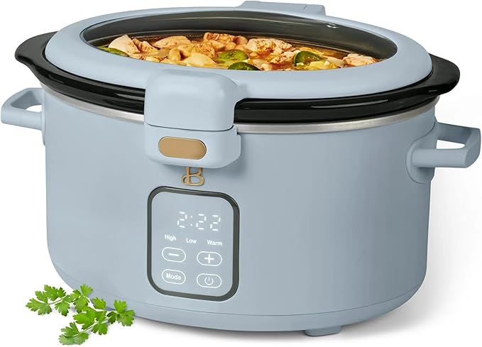 Beautiful 4-Qt Programmable Slow Cooker with Hinged Locking Lid & Touch Display – 3 Heat / 4 Timer Settings (Cornflower Blue)