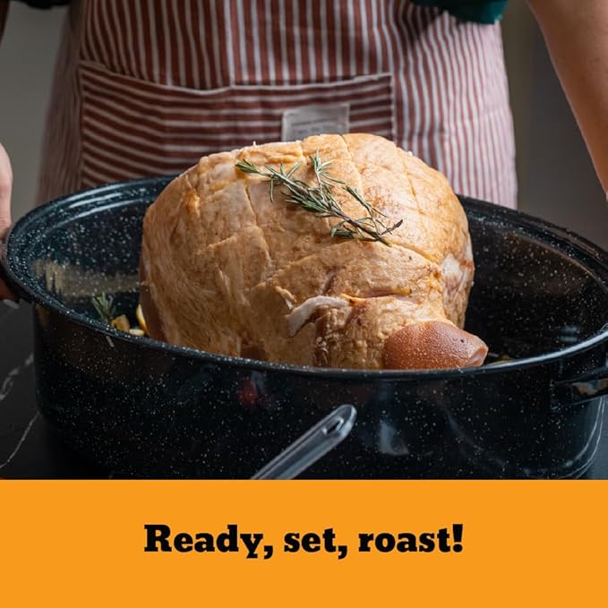 Granite Ware 19 inch oval roaster with Lid, Oval Rack included (Speckled Black) - design to accommodate up to 20 lb poultry/roast. Resists up to 932°F