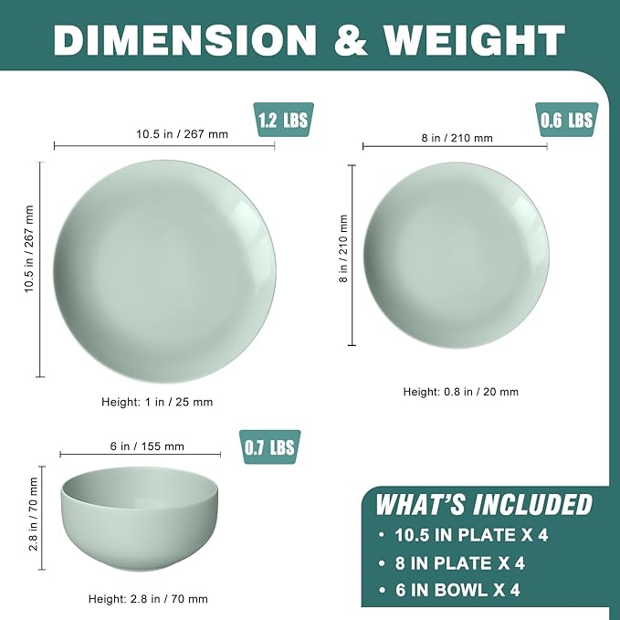 Yoshy 12-Piece Green Bone China Dinnerware with Lightweight Durable Chip Resistant Design Service for 4