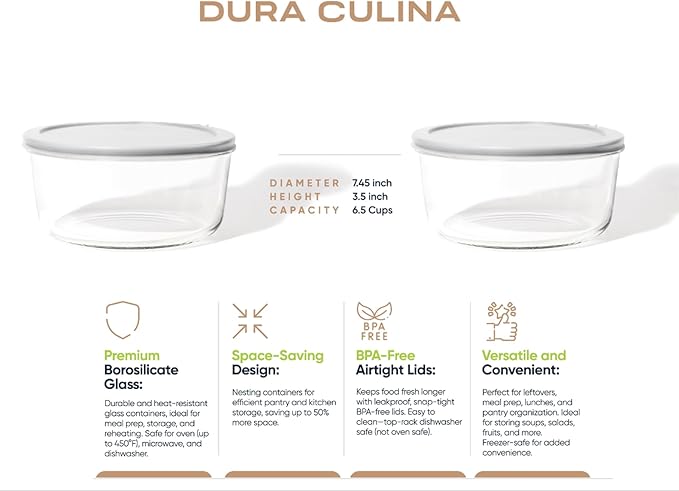 4-Piece Glass Food Storage Containers Set (2 Containers + 2 BPA-Free Lids) | 6.5-Cup, Leakproof | Microwave, Freezer, Oven & Dishwasher Safe | Ideal for Meal Prep & Pantry Organization, Grey