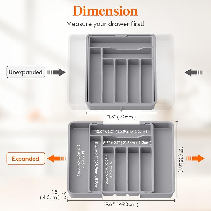 Lifewit Silverware Drawer Organizer, Expandable Utensil Organizer for Kitchen Drawers, Adjustable Cutlery and Flatware Tray, Plastic Spoons Forks Knives Holder Storage Dividers, Medium, Gray