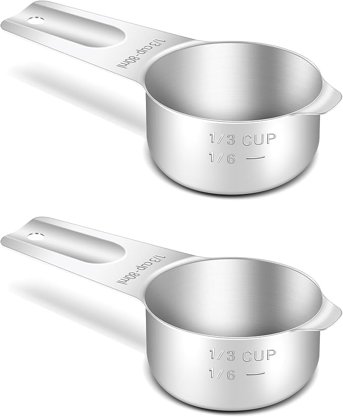 2PCS 1/3Cup (80ml, 2.7oz) Single Measuring Cup, Stainless Steel Measure Scoop, Metric and US Measurement, Heavy Duty, Dishwasher Safe
