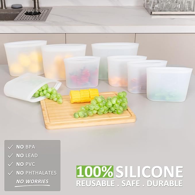 Reusable Sandwich & Snack Bags, 8 Pack 100% Silicone Stand Up Zip Lock Food Storage Bags for Food Container, Freezer Microwave Oven Dishwasher Safe, 4 Small 4 Extra Small, Translucent