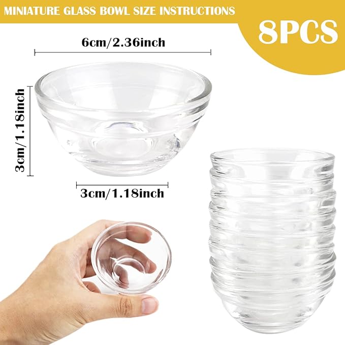 8Pcs Small Prep Mixing Bowls - 2.3x1.1 Inch Stackable Glass Serving Bowls for Kitchen Prep, Desserts, Dips, Salads, and Candy（6cm）