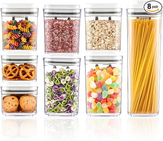 Pop Top Food Storage Container Set | 8Pcs Airtight Cereal Storage Organizer Canisters with Pop Lids, BPA-Free, Vacuum Seal & One-button Opening, Stackable Pantry Containers for Dry Food Storage