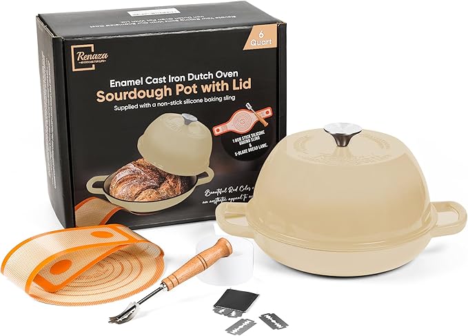 Enameled Cast Iron Dutch Oven Pot with Lid - Dutch Oven for Sourdough Bread Baking - With 5 Blade Bread Lame & Non-Stick Silicone Sling perfect for Sourdough Breads & more. Cast Iton Enamel Braiser Pan with Lid (WHITE, 6 Quart Sourdough Pot)