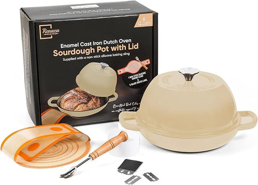 Enameled Cast Iron Dutch Oven Pot with Lid - Dutch Oven for Sourdough Bread Baking - With 5 Blade Bread Lame & Non-Stick Silicone Sling perfect for Sourdough Breads & more. Cast Iton Enamel Braiser Pan with Lid (WHITE, 6 Quart Sourdough Pot)