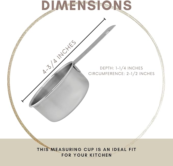 1/3 Cup Stainless Steel Measuring Cup | Sturdy Metal 80 ml | 80 cc | 3 oz | Single Cup for Wet and Dry Ingredients | Great for use as 1/3 Cup Dog Food Scoop - 4 PK