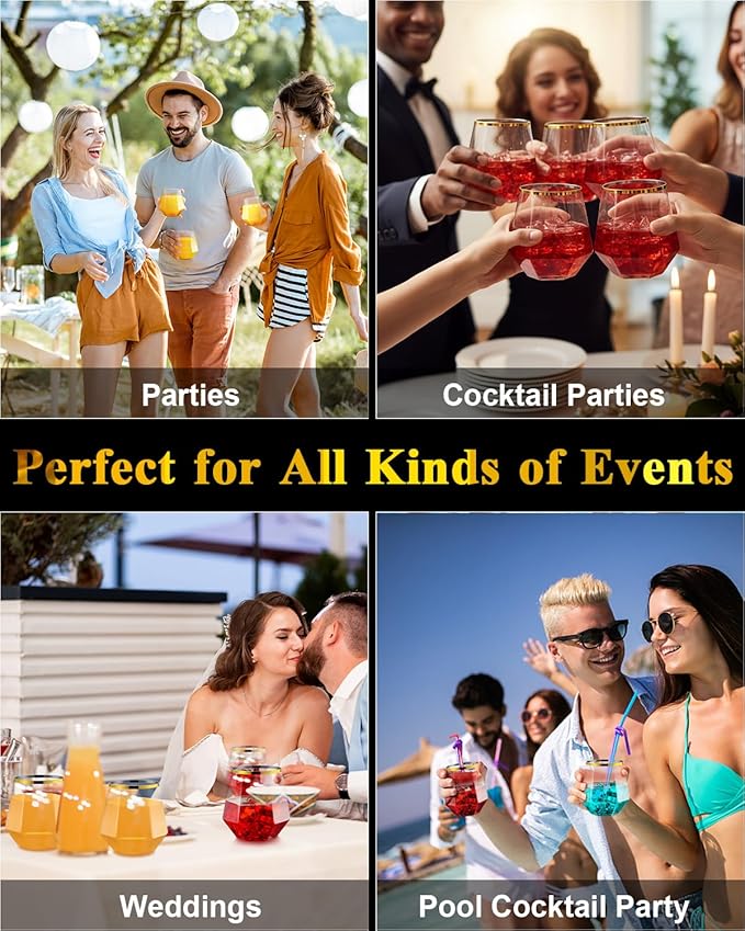 40 PCS Clear & Gold Rim 12 Oz Plastic Wine Whiskey Glasses, Diamond Stemless Unbreakable Disposable Wine Glasses for Party, Ideal for Beach Holidays,Halloween, Christmas, Weddings,Daily Use