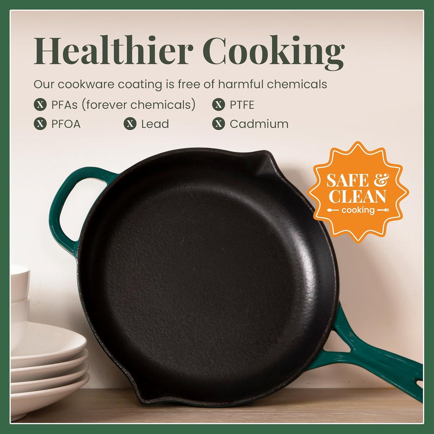 Larder & Vine Enameled Cast Iron Skillet | 10.25 inch Cast Iron Pan | Saute Pan with Pour Spouts | Enamel Coated Cast Iron Skillet | Compatible on All Cooktops & Oven Safe to 500° F | Bondi