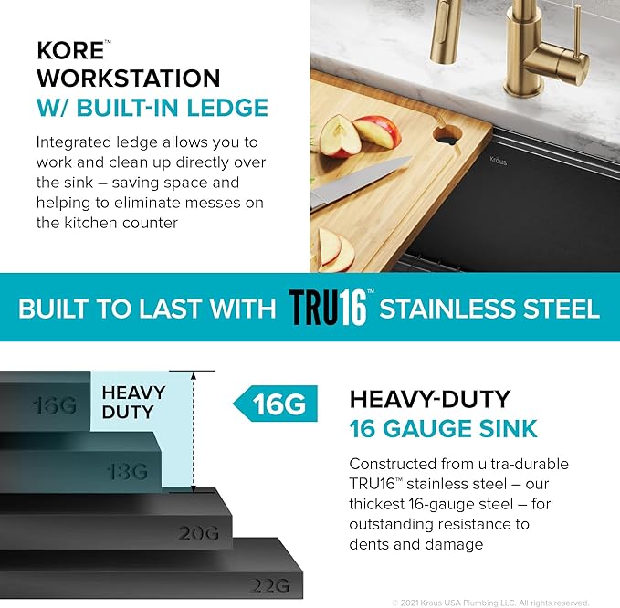 KRAUS Kore Workstation 27-inch Farmhouse Apron Front 16 Gauge Black Stainless Steel Single Bowl Kitchen Sink in PVD Gunmetal Finish with Accessories, KWF210-27-PGM