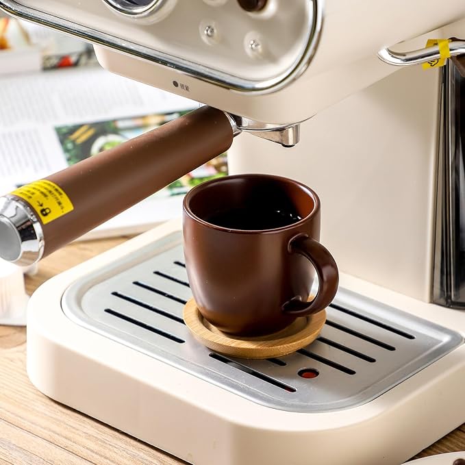 Hasense Stackable Porcelain Mini Espresso Cups and Saucers Set of 6, 4 OZ Ceramic Small Demitasse Espresso Shots Cups with Lids for Nespresso Lungo, Latte, Cafe Mocha and Tea, Brown