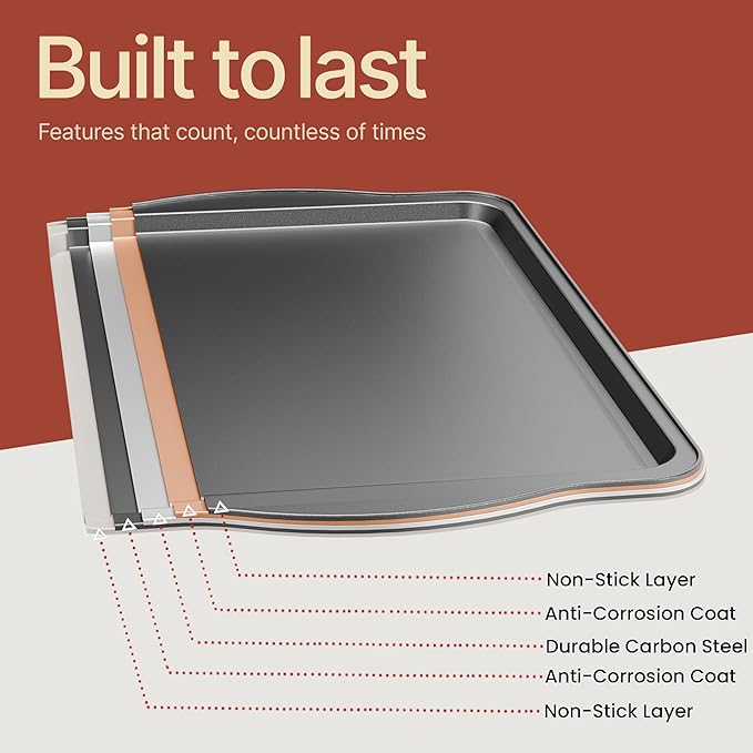 BAKKEN Kitchen Baking Pans - 15.15 x 10.03" Medium Nonstick Sheet, Durable Carbon Steel Cookie Sheet with Gray Silicone Handles, PFOA, PFOS, PTFE Free, Oven Safe Tray (Up To 450°F), Set of 1