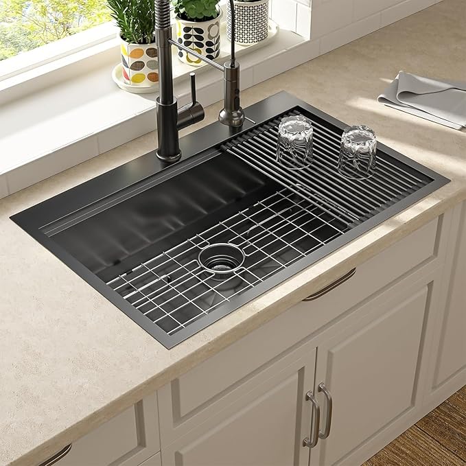 Lordear 33 Black Kitchen Sink Drop in 33x22 Drop Sink Stainless Steel 16 Gauge Gunmetal Black Ledge Workstation Single Bowl Topmount Overcounter Kitchen Sinks Deep Basin