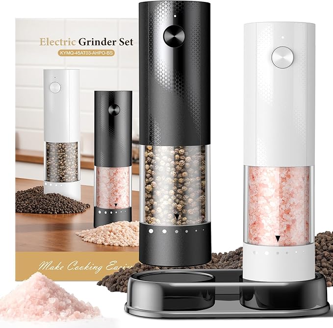Electric Salt and Pepper Grinder Set - Rechargeable Automatic Salt and Pepper Shakers, Kitchen Appliances with External Adjustable Coarseness, Larger Hopper for Cooking, Home Gifts(2 Pack,Black/White)