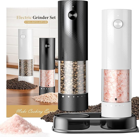 Electric Salt and Pepper Grinder Set - Rechargeable Automatic Salt and Pepper Shakers, Kitchen Appliances with External Adjustable Coarseness, Larger Hopper for Cooking, Home Gifts(2 Pack,Black/White)