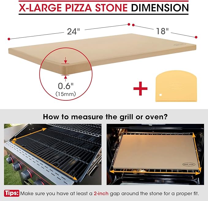 Unicook Extra Large Pizza Stone 24”x18” for X-Large Home Ovens and Commercial Ovens, Rectangular Baking Stone, Ideal for Baking Crispy Pizzas, Bread and Cookies, Heavy Weight 16.9 lbs