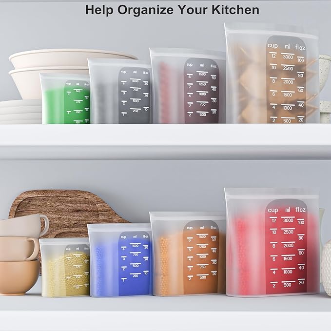 Bangp Premium Silicone Reusable Food Storage Bags,4 Pack(100oz, 50oz, 30oz,15oz),New Generation Stand Up Zip Freezer Bags,Sandwich Snack Bags,Healthy Food Storage Containers,Leak-free,Dishwasher Safe