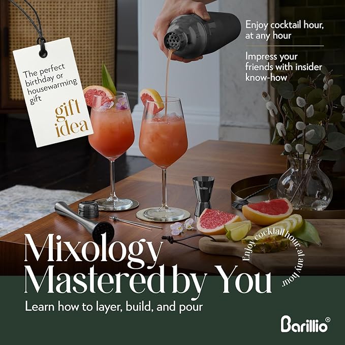 Barillio Black Mixology Bartender Kit - 8-Pc Stainless-Steel Travel Cocktail Shaker Set with Bag - Bar Tools w/Martini Shaker, Drink Mixer Spoon & Mojito Muddler for Cocktails - Bar & Bartending Kit