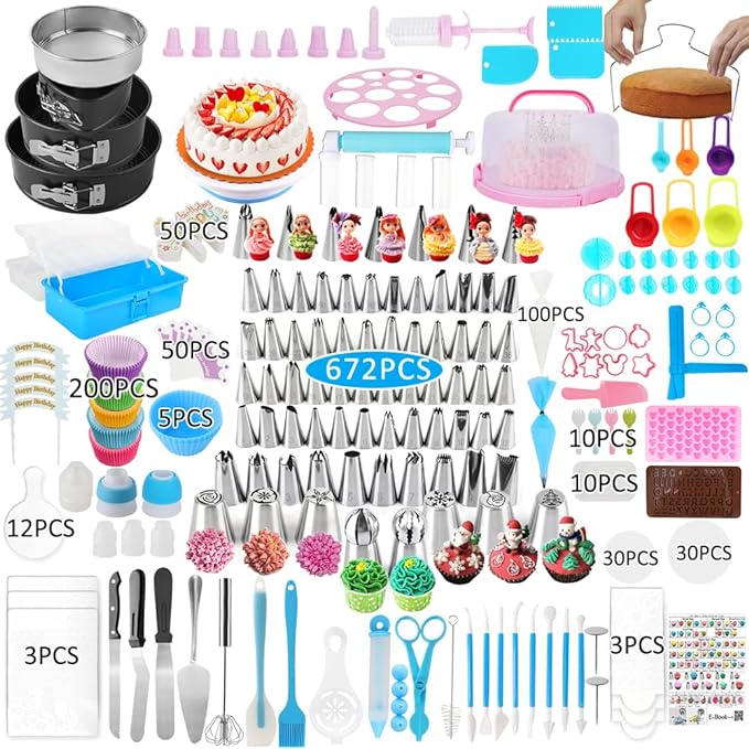 Cake Decorating Kit, 672 Pcs Cake Decorating Supplies With Cake Carrier Holder Springform Pan Sets 3-Layer Toolbox Organizer Icing Piping Nozzles Cake Rotating Turntabl Baking Supplies Set Tools
