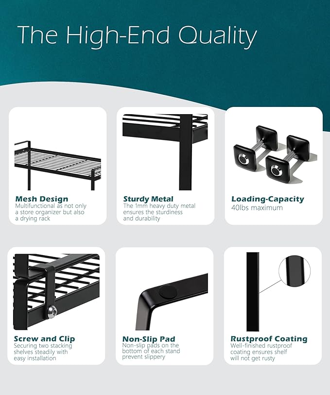 2Pack Kitchen Cabinet Shelf Counter Organizer Rack Pantry Storage Bathroom Bedroom Office Table Desk Space Saving Stackable Rust Resistant Non Slip Black Wide L16.1in W10.6in H7.3in