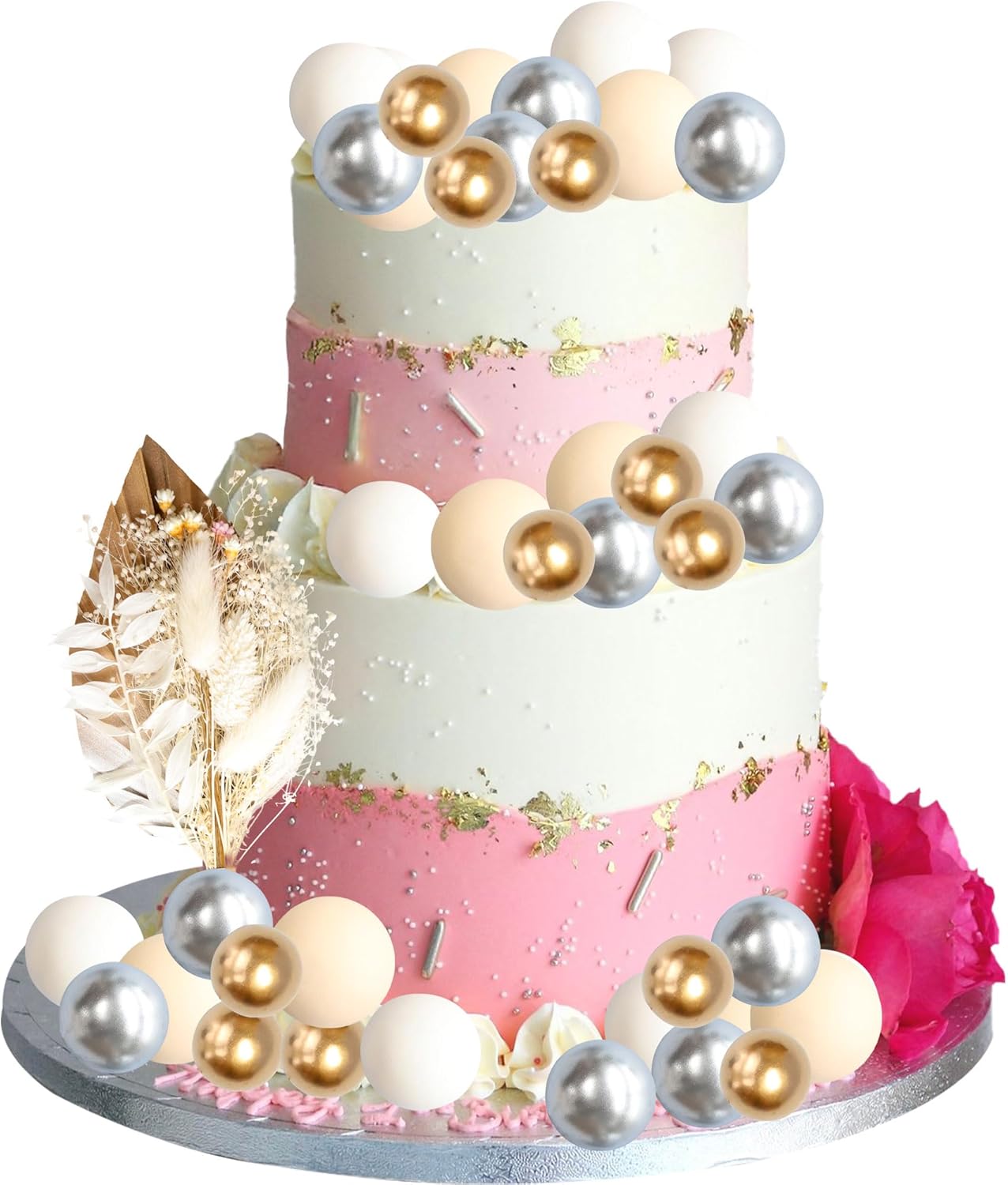 Gyufise 21 Pack Flower Boho Cake Topper Ball Cake Decorations Palm Leaves Plants Cake Decor for Girl Bohemian Princess Theme Wedding Baby Shower Birthday Party Supplies Gold White Khaki