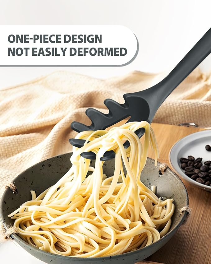 Silicone Pasta Fork and Ladle Spoon Set, Large Non Stick Kitchen Utensils for Cooking,Stirring,One Piece Serving Spaghetti, Soup, Sauce (GREY)