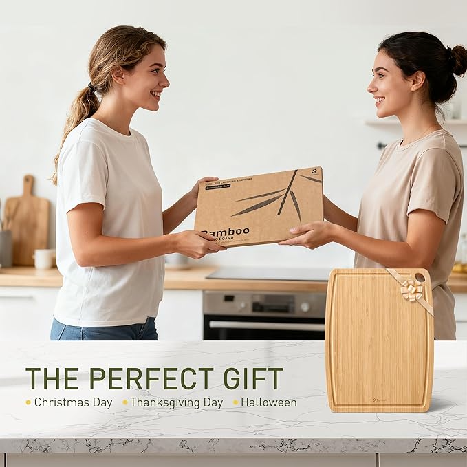 Lightweight Durable Bamboo Cutting Board with Non-Slip Feet, Non Toxic Wooden Cutting Board for Kitchen Heat-Resistant Chopping & Charcuterie Board with Juice Groove Kitchen Essentials for Meat