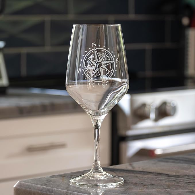 Rolf Glass Compass Star All Purpose Wine Glass | 19.5oz Stemmed Wine Glass | Lead-Free Crystal Glassware | Nautical-Themed with Intricate Compass Star Design | Set of 2