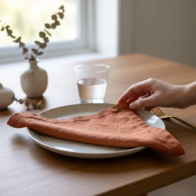 Hemstitched Linen Napkins – 20 Inch x 20 Inch – Stonewashed Pure Linen Cloth Dinner Napkins with Mitered Corners - 100% French Flax – Machine Washable - Set of 4 (Rustic Orange)