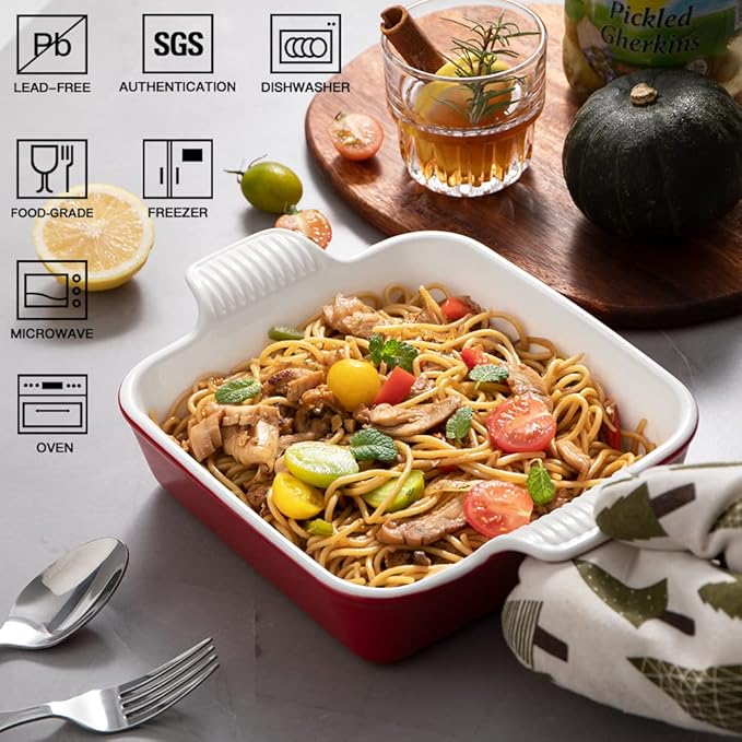 Sweejar Ceramic Baking Dish, 8 x 8 Cake Baking Pan for Brownie, Porcelain Square Bakeware with Double Handle for Casserole, Lasagna, Family Dinner (Red)