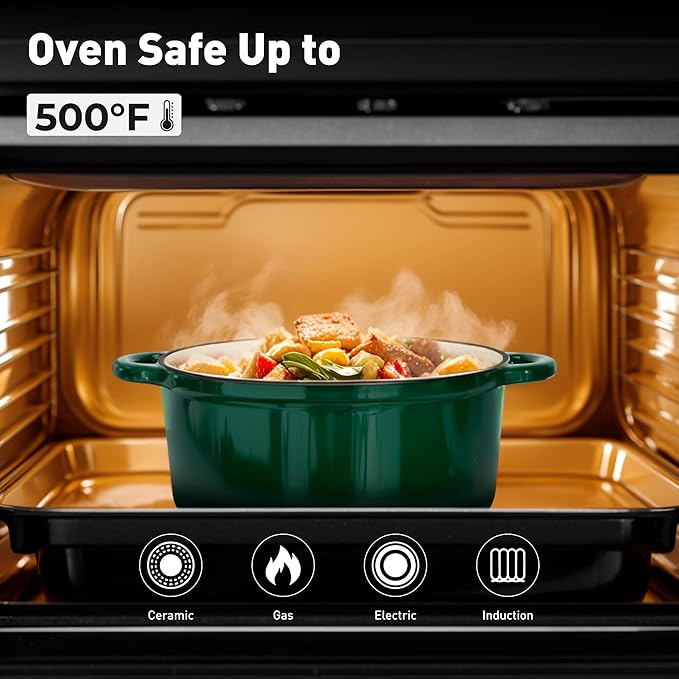 MAISON ARTS Enamel Cast Iron 7 Piece Cookware Set, Dutch Oven Pot with Lid, Emerald Non Stick Pots and Pans set, Oven Safe up to 500°F