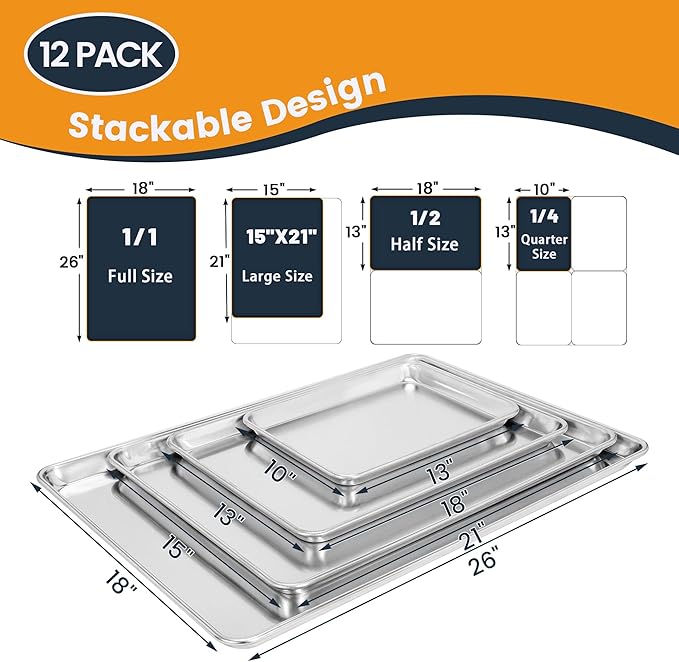 12 Pack Half Size Baking Sheet Pan, Aluminum Commercial Cookie Sheet Pan, Durable & Anti-Stick 18”x 13”