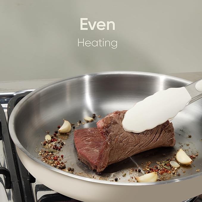 CAROTE 24pcs Tri-Ply Stainless Steel Cookware Set, Pots and Pans Set, Non Toxic Induction Kitchen Cooking Sets, Cookware Collection, Outer Ceramic Layer, Cream White