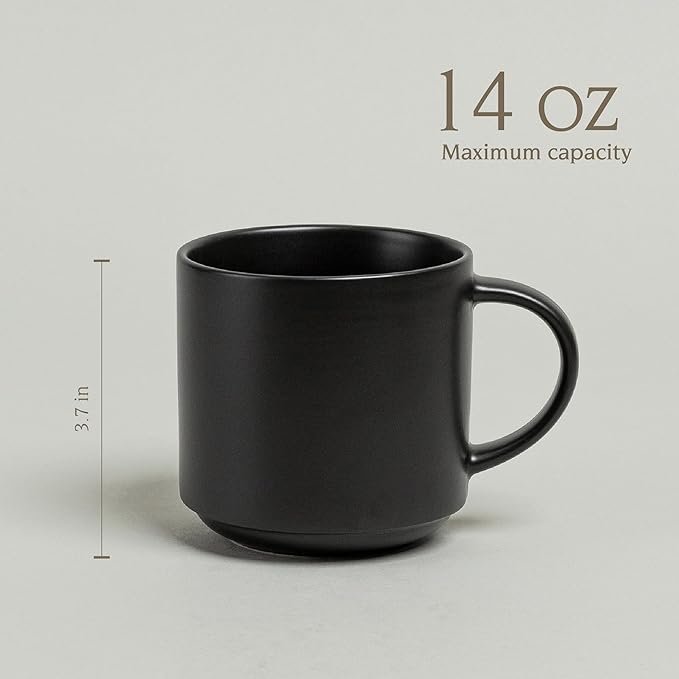 over&back Stackable Stoneware Coffee Mugs - 4-Piece Mug Set - Enjoy the Perfect Cup of Coffee, Tea, Latte, and More - Semi-Matte Black- 14oz