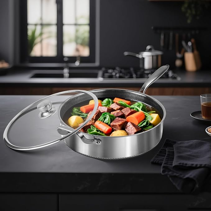 Frying Pans Nonstick wih Lid, Non Stick Tri-Ply Stainless Steel Saute Pan, 8 Quarts Large Sauté Pan, 13.5 Inch Induction Cooking Pan, Dishwasher and Oven Safe, PFOA Free