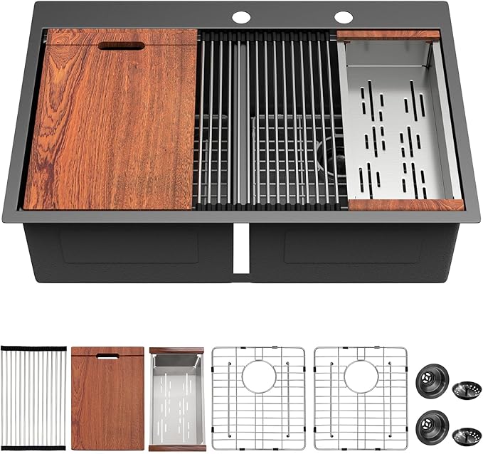 Mocoloo Black Drop In Kitchen Sink - 50/50 Black Drop In Double Bowl NANO-PVD 16 Gauge Stainless Steel Topmount Kitchen Sinks Handmade, 33''x22''x10''