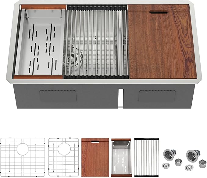 Mocoloo Double Bowl Kitchen Sinks - 60/40 Undermount Double Bowl 16 Gauge Low Divide Workstation 33 x 19 Inch Stainless Steel Kitchen Sink Handmade, 10'' Deep Basin