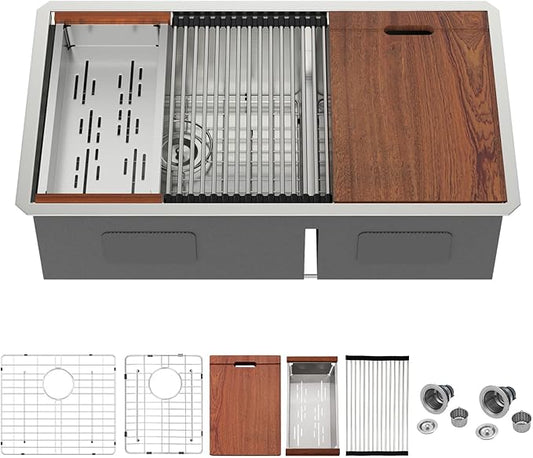 Mocoloo Double Bowl Kitchen Sinks - 60/40 Undermount Double Bowl 16 Gauge Low Divide Workstation 33 x 19 Inch Stainless Steel Kitchen Sink Handmade, 10'' Deep Basin