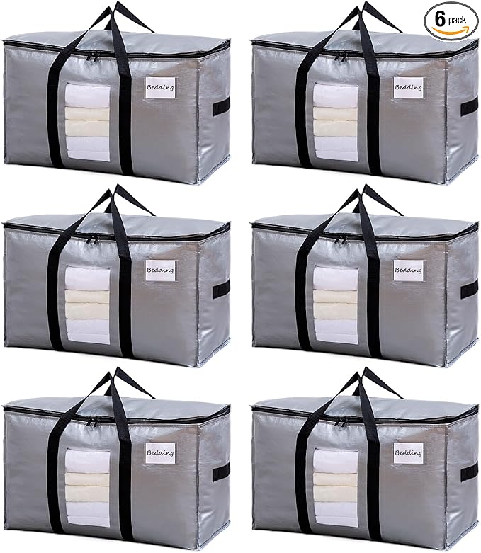 TAILI Extra Large Moving Bags, 6 Pack Silver Heavy Duty Totes for Storage with Visible Window, Wrap Around Handles, Storage Bags for Space Saving, Alternative to Moving Boxes