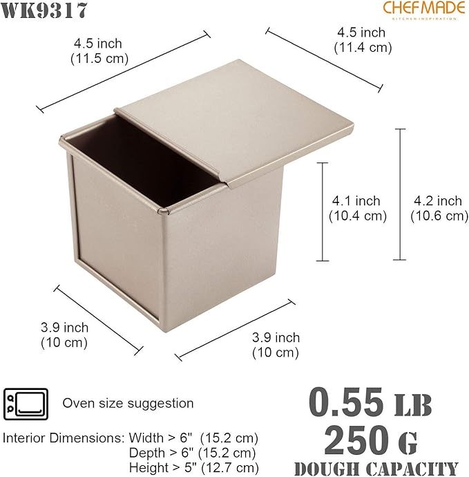 CHEFMADE Mini Pullman Loaf Pan with Lid, 0.55Lb Dough Capacity Non-Stick Rectangle Flat Toast Box for Oven Baking 3.9" x 3.9"x 3.9"(Champagne Gold)